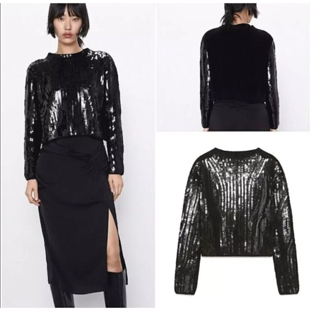 Zara Sequin Embellished Chenille Sweater Womens Medium Black Cropped Long Sleeve